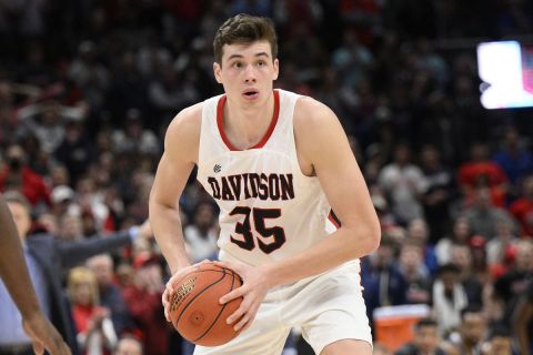 Davidson forward Luka Brajkovic (35) in action during the second half of an NCAA college basketball game in the championship of the Atlantic 10 Conference tournament against Richmond, Sunday, March 13, 2022, in Washington. Richmond won 64-62. (AP Photo/Nick Wass)