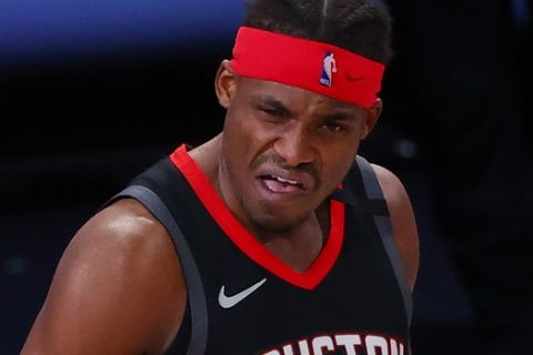 Houston Rockets' Danuel House Jr. reacts after being called for a foul during the first quarter of Game 4 of an NBA basketball first-round playoff series against the Oklahoma City Thunder, Monday, Aug. 24, 2020, in Lake Buena Vista, Fla. (Kevin C. Cox/Pool Photo via AP)