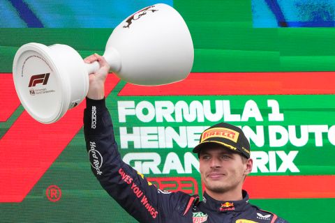 Red Bull driver Max Verstappen of the Netherlands celebrates winning the Formula One Dutch Grand Prix auto race, at the Zandvoort racetrack, in Zandvoort, Netherlands, Sunday, Aug. 27, 2023. (AP Photo/Peter Dejong)