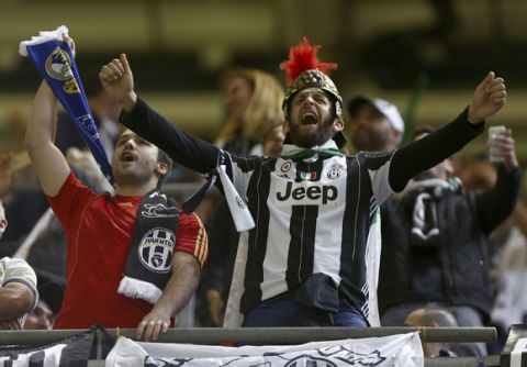 Juventus supporters before the Champions League final soccer match between Juventus and Real Madrid at the Millennium stadium in Cardiff, Wales Saturday June 3, 2017. (AP Photo/Dave Thompson)