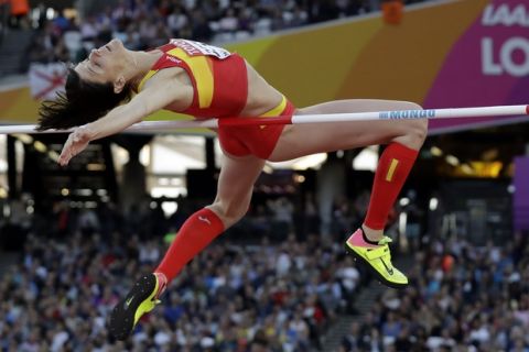 Spain's Ruth Beitia makes an attempt in the women's high jump qualification during the World Athletics Championships in London Thursday, Aug. 10, 2017. (AP Photo/Matt Dunham)