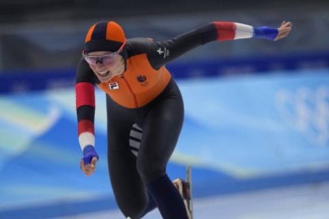 Irene Schouten of the Netherlands competes in the women's speedskating 3,000-meter race at the 2022 Winter Olympics, Saturday, Feb. 5, 2022, in Beijing. Schouten won the gold medal and set an Olympic record. (AP Photo/Sue Ogrocki)