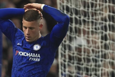 Chelsea's Ross Barkley reacts during the English Premier League soccer match between Chelsea and Arsenal at Stamford Bridge stadium in London England, Tuesday, Jan. 21, 2020. (AP Photo/Leila Coker)