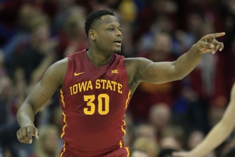 Iowa State guard Deonte Burton (30) during second half of an NCAA college basketball game against West Virginia in the finals of the Big 12 tournament in Kansas City, Mo., Saturday, March 11, 2017. (AP Photo/Orlin Wagner)