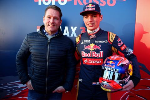 JEREZ DE LA FRONTERA, SPAIN - JANUARY 31:  Max Verstappen of Netherlands and Scuderia Toro Rosso poses with his father Jos Verstappen after unveiling the new STR10 during previews ahead of Formula One Winter Testing at Circuito de Jerez on January 31, 2015 in Jerez de la Frontera, Spain.  (Photo by Mark Thompson/Getty Images)