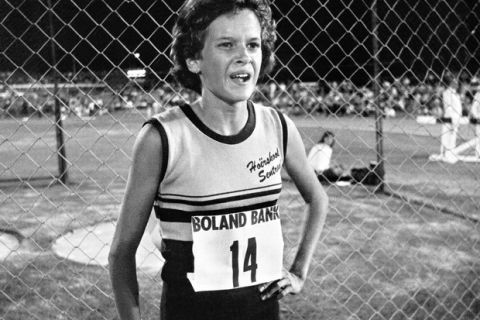 1984. South African athlete Zola Budd taking part in an athletics meeting for her school, Hoerskool Sentraal (Central High School). 
