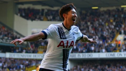LONDON, ENGLAND - SEPTEMBER 20:  Son Heung-Min of Tottenham Hotspur celebrates scoring the opening goal during the Barclays Premier League match between Tottenham Hotspur and Crystal Palace at White Hart Lane on September 20, 2015 in London, United Kingdom.  (Photo by Ian Walton/Getty Images)