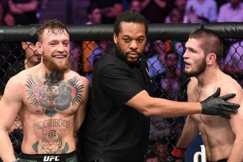 LAS VEGAS, NV - OCTOBER 06:  Referee Herb Dean seperates Conor McGregor of Ireland and Khabib Nurmagomedov of Russia in their UFC lightweight championship bout during the UFC 229 event inside T-Mobile Arena on October 6, 2018 in Las Vegas, Nevada.  (Photo by Josh Hedges/Zuffa LLC/Zuffa LLC)