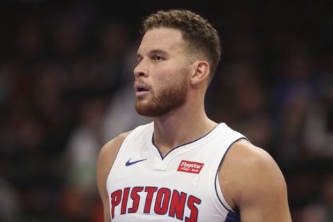 Detroit Pistons forward Blake Griffin is seen during the second half of an NBA basketball game against the Philadelphia 76ers, Tuesday, Oct. 23, 2018, in Detroit. (AP Photo/Carlos Osorio)