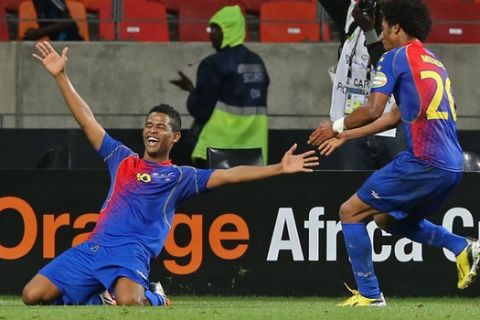 Cape Verde Heldon Ramos "Nhuck", left, reacts after  scoring the winning goal against Angola during their African Cup of Nations Group A soccer match in  Port Elizabeth, South Africa, Sunday, Jan. 27, 2013.  (AP Photo/Schalk van Zuydam) 