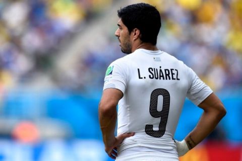 NATAL, BRAZIL - JUNE 24:  Luis Suarez of Uruguay looks on during the 2014 FIFA World Cup Brazil Group D match between Italy and Uruguay at Estadio das Dunas on June 24, 2014 in Natal, Brazil.  (Photo by Mike Hewitt - FIFA/FIFA via Getty Images)