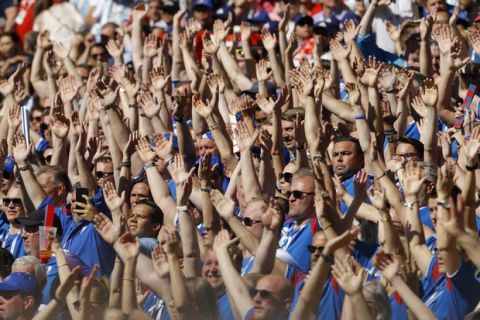 Iceland's fans shout during the group D match between Argentina and Iceland at the 2018 soccer World Cup in the Spartak Stadium in Moscow, Russia, Saturday, June 16, 2018. (AP Photo/Victor Caivano)