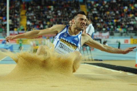 Greece's Louis Tsatoumas competes in the men's long jump final at the 2012 IAAF World Indoor Athletics Championships at the Atakoy Athletics Arena in Istanbul on March 10, 2012.  AFP PHOTO / ADRIAN DENNIS (Photo credit should read ADRIAN DENNIS/AFP/Getty Images)