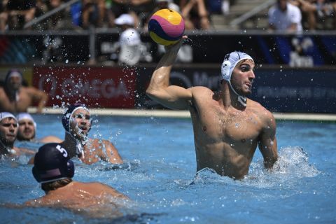 Efstathios Kalogeropoulos of Greece takes a shot during the Men's water polo quarterfinal match between Greece and United States at the 19th FINA World Championships in Budapest, Hungary, Wednesday, June 29, 2022. (AP Photo/Anna Szilagyi)