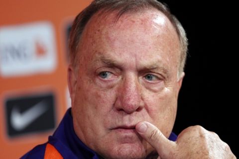 Netherlands soccer team coach Dick Advocaat attends a press conference at the Stade de France stadium in Saint Denis, north of Paris, France, Wednesday, Aug. 30, 2017. France will play against Netherlands during their World Cup Group A qualifying soccer match on Thursday, Aug.31. (AP Photo/Christophe Ena)