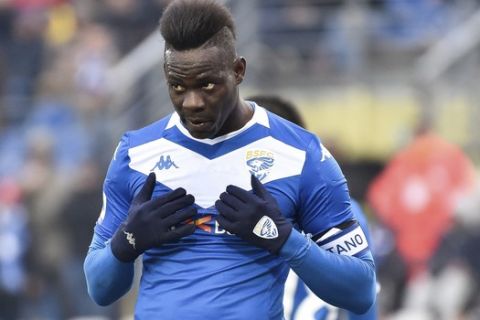 FILE - In this Sunday, Feb. 9, 2020 filer, Brescia's Mario Balotelli reacts during the Italian Serie A soccer match between Brescia and Udinese at the Mario Rigamonti stadium in Brescia, Italy. The former Italy striker was reportedly fired by his hometown club for failing to report for training as the Italian soccer season prepares to resume from a three-month break due to the coronavirus pandemic. (Gianluca Checchi/LaPresse via AP, File )