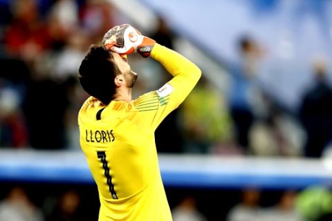 France goalkeeper Hugo Lloris celebrates after winning the semifinal match between France and Belgium at the 2018 soccer World Cup in the St. Petersburg Stadium, in St. Petersburg, Russia, Tuesday, July 10, 2018. (AP Photo/David Vincent)
