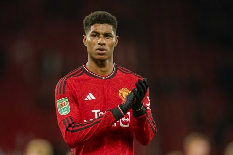 Manchester United's Marcus Rashford applauds at the end of EFL Cup fourth round soccer match between Manchester United and Newcastle at Old Trafford stadium in Manchester, England, Wednesday, Nov. 1, 2023. (AP Photo/Dave Thompson)
