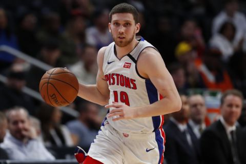 Detroit Pistons guard Sviatoslav Mykhailiuk plays against the Oklahoma City Thunder in the first half of an NBA basketball game in Detroit, Wednesday, March 4, 2020. (AP Photo/Paul Sancya)