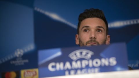 Tottenham goalkeeper Hugo Lloris listens to a question during a news conference at the Santiago Bernabeu stadium in Madrid, Monday, Oct. 16, 2017. Tottenham will play a Champions League group H soccer match against Real Madrid on Tuesday 17. (AP Photo/Francisco Seco)