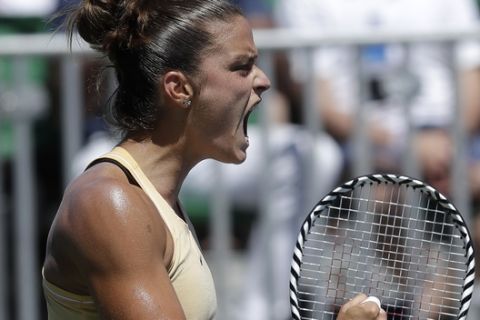 Maria Sakkari, of Greece, reacts after winning a point against Zheng Saisai, of China, during the semifinals of the Mubadala Silicon Valley Classic tennis tournament in San Jose, Calif., Saturday, Aug. 3, 2019. (AP Photo/Jeff Chiu)