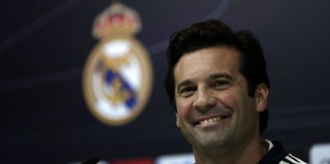 Real Madrid's interim coach Santiago Solari attends a press conference at the team's Valdebebas training ground in Madrid, Spain, Tuesday, Oct. 30, 2018. Lopetegui was fired by Real Madrid on Monday, and Santiago Solari, coach of Real Madrid B, will take charge for the Copa del Rey match against third-division club Melilla on Wednesday. (AP Photo/Manu Fernandez)