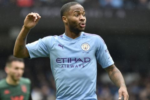 Manchester City's Raheem Sterling during the English Premier League soccer match between Manchester City and Aston Villa at Etihad stadium in Manchester, England, Saturday, Oct. 26, 2019. (AP Photo/Rui Vieira)