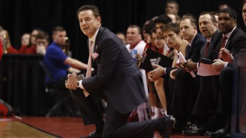 Louisville head coach Rick Pitino is seen on the sidelines during the first half of a first-round game against Jacksonville State in the men's NCAA college basketball tournament Friday, March 17, 2017, in Indianapolis. (AP Photo/Jeff Roberson)