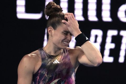 Maria Sakkari of Greece reacts during her second round match against Diana Shnaider of Russia at the Australian Open tennis championship in Melbourne, Australia, Wednesday, Jan. 18, 2023. (AP Photo/Ng Han Guan)