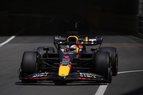 Red Bull driver Max Verstappen of the Netherlands steers his car during the first free practice at the Monaco racetrack, in Monaco, Friday, May 27, 2022. The Formula one race will be held on Sunday. (AP Photo/Daniel Cole)