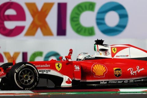MEXICO CITY, MEXICO - OCTOBER 30:  Sebastian Vettel of Germany driving the (5) Scuderia Ferrari SF16-H Ferrari 059/5 turbo (Shell GP) waves to the crowd during the Formula One Grand Prix of Mexico at Autodromo Hermanos Rodriguez on October 30, 2016 in Mexico City, Mexico.  (Photo by Clive Mason/Getty Images)