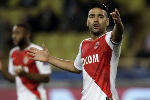 Monaco forwarder Radamel Falcao gestures during the Champions League Group A soccer match between Monaco and Club Brugge at the Louis II stadium in Monaco, Tuesday, Nov. 6, 2018. (AP Photo/Claude Paris)