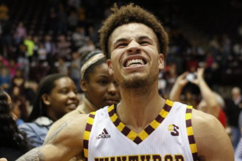 Winthrop guard Hunter Hale celebrates after his team defeated Hampton to win the Big South tournament championship in an NCAA college basketball game in Rock Hill, S.C., Sunday, March 8, 2020. (AP Photo/Nell Redmond)