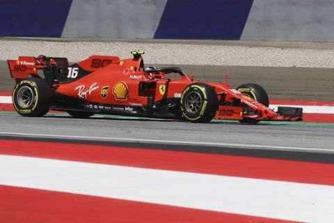 Ferrari driver Charles Leclerc of Monaco steers his car during the qualifying session for the Austrian Formula One Grand Prix at the Red Bull Ring racetrack in Spielberg, southern Austria, Saturday, June 29, 2019. The race will be held on Sunday. (AP Photo/Ronald Zak)