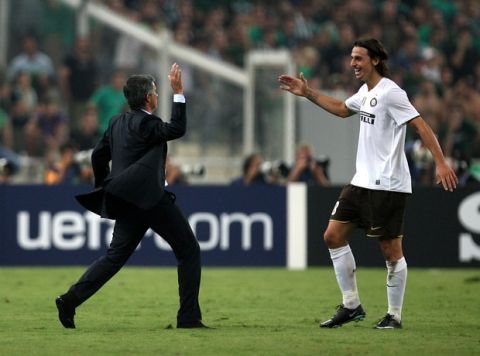 FILE - In this Tuesday, Sept. 16, 2008 file photo, Inter Milan coach Jose Mourinho congratulates Zlatan Ibrahimovic, right, after scoring against Panathinaikos, during a Champions League soccer match at the Olympic stadium of Athens. Zlatan Ibrahimovic said on his official social media accounts Wednesday, June 30, 2016 that his next club will be Manchester United. (AP Photo/Thanassis Stavrakis, File)