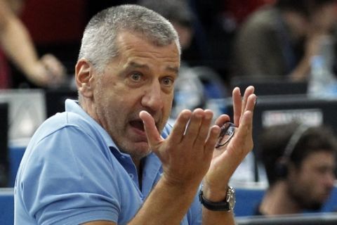 Bosnia's head coach Aco Petrovic gestures during their EuroBasket European Basketball Championship Group B match against Lithuania, in Podmezakla Arena, in Jesenice, Slovenia, Monday, Sept. 9, 2013. (AP Photo/Darko Vojinovic)
