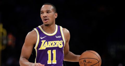 Los Angeles Lakers' Avery Bradley (11) during an NBA basketball game against the Miami Heat Friday, Nov. 8, 2019, in Los Angeles. (AP Photo/Marcio Jose Sanchez)
