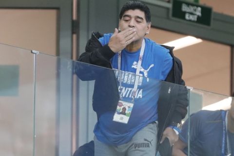 Former soccer player and Argentinian idol Diego Maradona gestures prior the group D match between Argentina and Croatia at the 2018 soccer World Cup in Nizhny Novgorod Stadium in Nizhny Novgorod, Russia, Thursday, June 21, 2018. (AP Photo/Ricardo Mazalan)