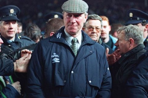 FILE - Feb. 15, 1995 file photo of Ireland soccer team manager Jack Charlton. Jack Charlton, who won the World Cup with England in 1966, has died it was announced on Saturday July 11, 2020. He was 85. (PA via AP)