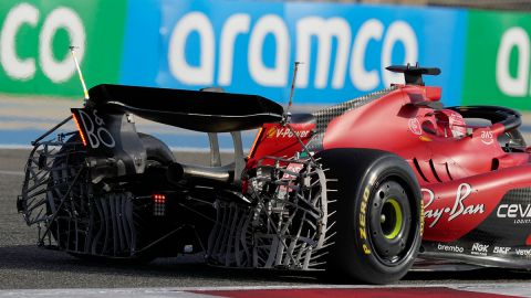 The rear of Ferrari driver Charles Leclerc's car is seen during a Formula One pre season test at the Bahrain International Circuit in Sakhir, Bahrain, Thursday, Feb. 23, 2023.(AP Photo/Frank Augstein)