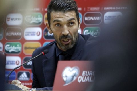 Italy's National soccer team captain and goalkeeper Gianluigi Buffon, talks to the media during a news conference, in Skopje, Macedonia, Saturday, Oct. 8, 2016. Italy will face Macedonia on Sunday for a World Cup Group G qualifying soccer match. (AP Photo/Boris Grdanoski)