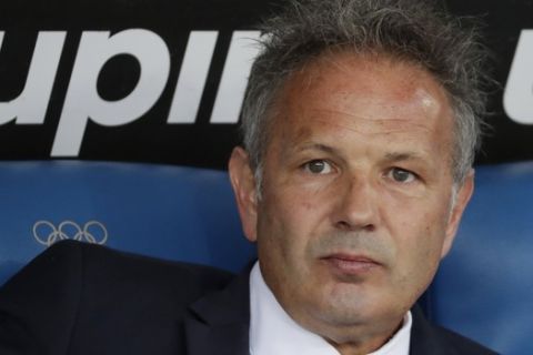 Bologna coach Sinisa Mihajlovic sits on the bench prior to an Italian Serie A soccer match between Lazio and Bologna, at the Olympic stadium in Rome, Monday, May 20, 2019. (AP Photo/Andrew Medichini)