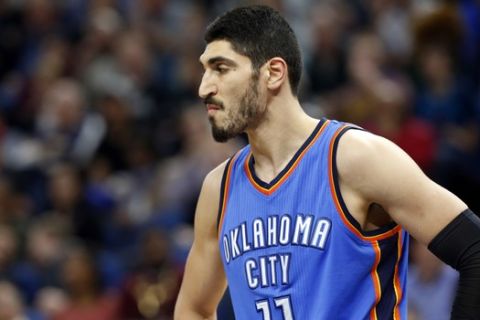 Oklahoma City Thunder's Enes Kanter of Turkey plays during the second half of an NBA basketball game against the Minnesota Timberwolves Tuesday, April 11, 2017, in Minneapolis. (AP Photo/Jim Mone)