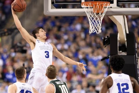 Apr 4, 2015; Indianapolis, IN, USA; Duke Blue Devils guard Grayson Allen (3) dunks against the Michigan State Spartans in the second half of the 2015 NCAA Men's Division I Championship semi-final game at Lucas Oil Stadium. Mandatory Credit: Bob Donnan-USA TODAY Sports
