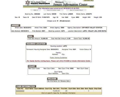 Lamar Odom has been arrested for DUI. The troubled basketball ace, and husband of Khloe Kardashian, was picked up by the California Highway Patrol and later booked, and is being held on $15,000 USD bail, police records reveal. According to published reports, he failed several field sobriety tests. The booking sheet lists the 33-year-old as being 6ft 10ins tall, and weighing 235lbs.
<P>
Pictured: Lamar Odom arrest sheet
<B>Ref: SPL602568  300813  </B><BR/>
Picture by: Splash News<BR/>
</P><P>
<B>Splash News and Pictures</B><BR/>
Los Angeles:	310-821-2666<BR/>
New York:	212-619-2666<BR/>
London:	870-934-2666<BR/>
photodesk@splashnews.com<BR/>
</P>