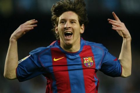 FC Barcelona's Leo Messi, from Argentina, celebrates after scoring against Albacete during their Spanish League soccer match in Barcelona, Spain, Sunday, May 1, 2005. Barcelona won 2-0. (AP Photo/Bernat Armangue)