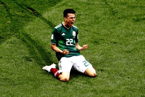 Mexico's Hirving Lozano celebrates after scoring the opening goal during the group F match between Germany and Mexico at the 2018 soccer World Cup in the Luzhniki Stadium in Moscow, Russia, Sunday, June 17, 2018. (AP Photo/Michael Probst)