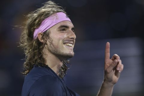Stefanos Tsitsipas of Greece celebrates after he defeated Gael Monfils of France in their semi final match at the Dubai Duty Free Tennis Championship, in Dubai, United Arab Emirates, Friday, March 1, 2019. (AP Photo/Kamran Jebreili)