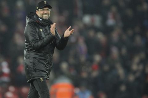 Liverpool manager Juergen Klopp reacts at the end of the English Premier League soccer match between Liverpool and Crystal Palace at Anfield in Liverpool, England, Saturday, Jan. 19, 2019. (AP Photo/Rui Vieira)