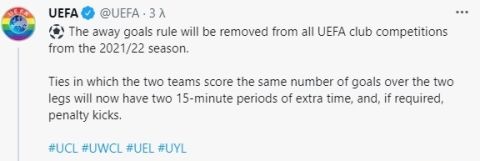 Το tweet της UEFA για την κατάργηση του κανονισμού του εκτός έδρας γκολ